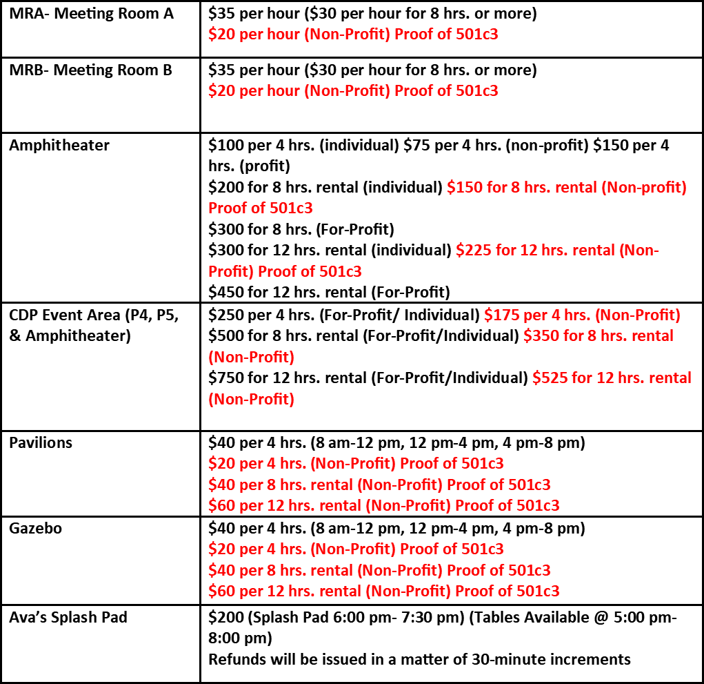 2024 Facility Price List